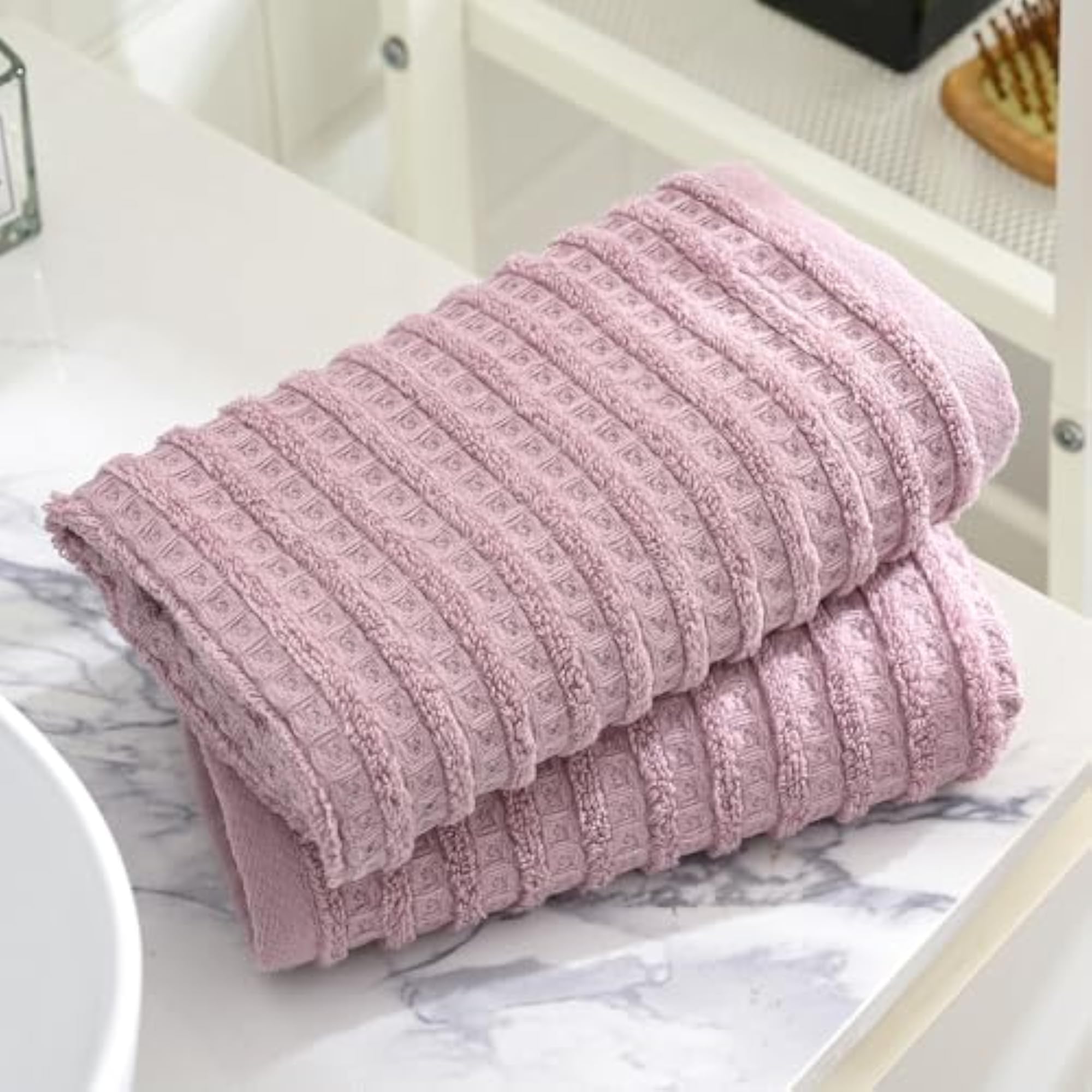 Waffle Hand Towel with Terry Striped Pattern, Super Soft Cotton