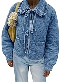 Tankaneo Womens Quilted Denim Puffer Jackets Tie Front Bow Cropped Puffy Jackets Fall Cute Short Jeans Coat