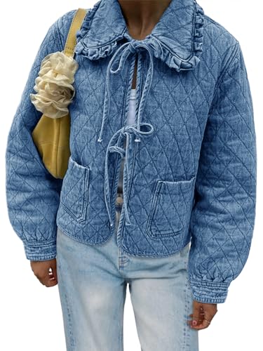 Image of Tankaneo Womens Quilted Denim Puffer Jackets Tie Front Bow Cropped Puffy Jackets Fall Cute Short Jeans Coat