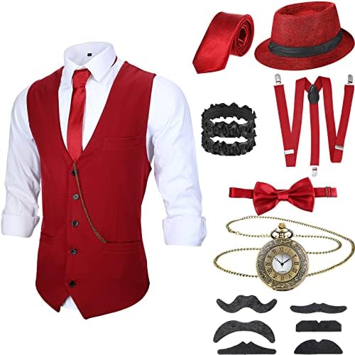 SATINIOR 1920s Mens Costume 20s Accessories Outfit with Gangster Vest Fedora Hat Vintage Pocket Watch Suspenders