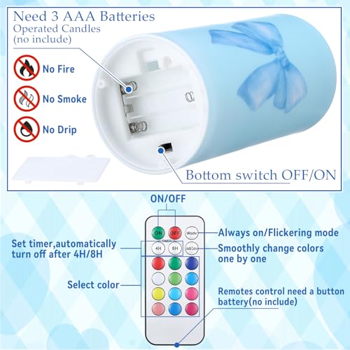 Image of Retisee 3 Pcs Blue Bow Flameless LED Candles with Remote Coquette Blue Bow Room Decor 3x6 Inch Color Changing Battery Operated Pillar Candles for Girls Women Bedroom, Bathroom
