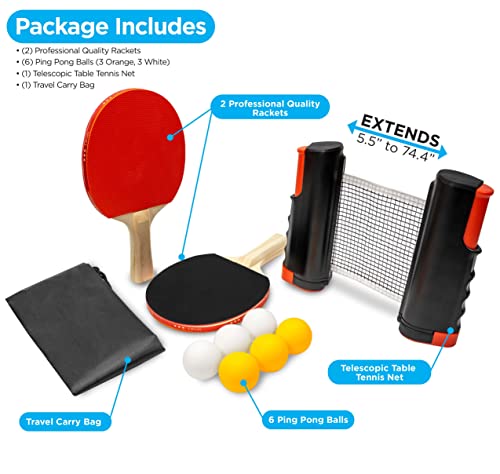 Hakol Ping Pong Set With 4 Paddles & Net For Any Table - Retractable Net, 2 Paddles, 6 Balls, Carry Bag, Portable Indoor Fun For Kids, Youth, Adults #TOP1