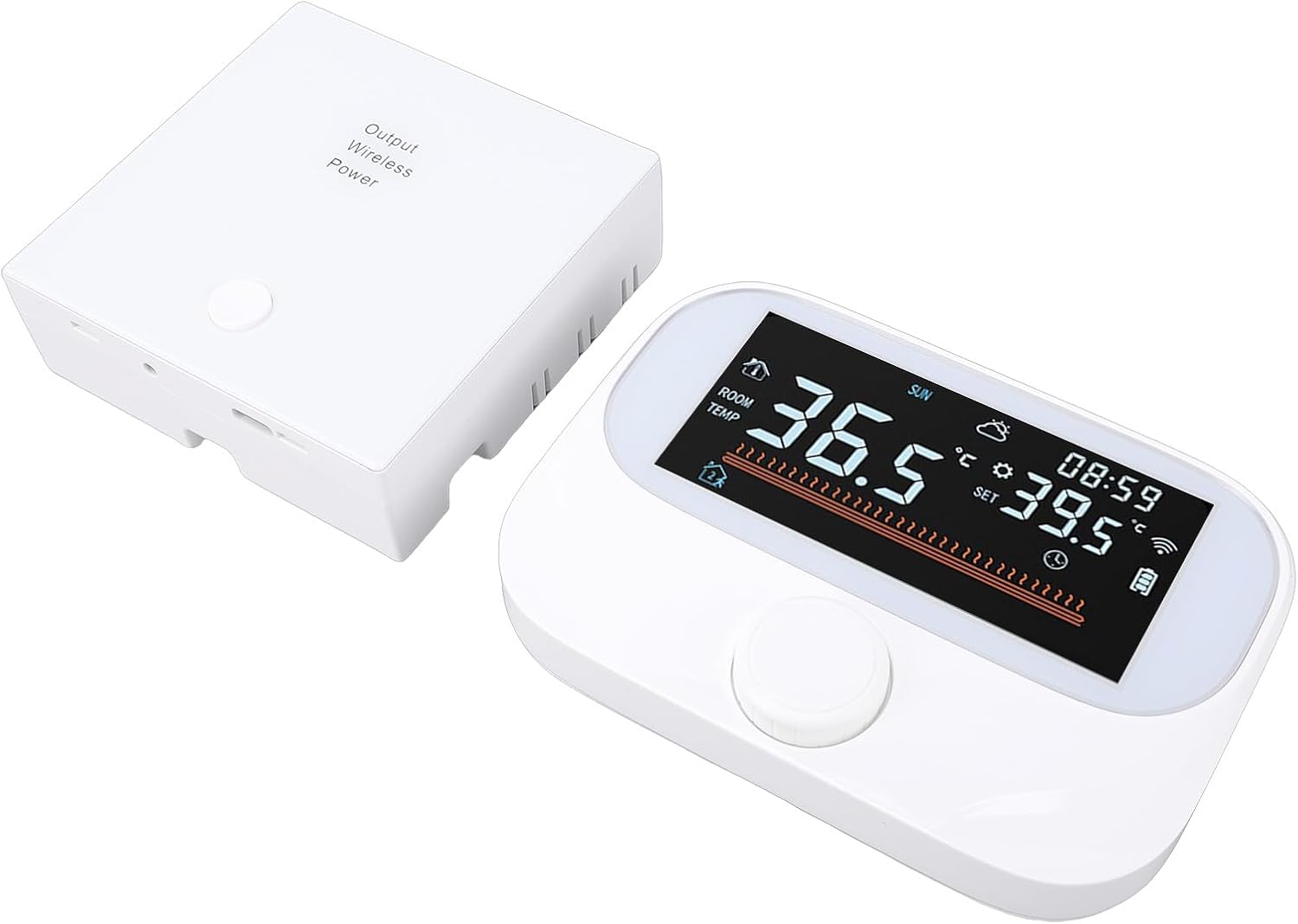 WALFRONT Boiler Thermostat, WiFi RF Programmable Room Temperature Controller with Rotating Knob Large Display Weather Humidity Detecting, for Home Office Hotel