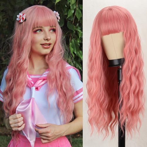 Long Pink Wavy Fluffy Wig with Bangs Synthetic Full Wig for Women Hair Replacement Party Wig Heat Resistant