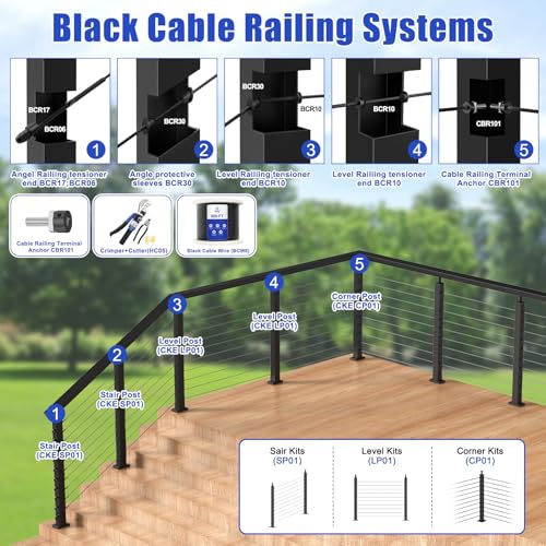 Terminales de barandilla de cable negro CKE de 1/8 con 50 anclajes 7