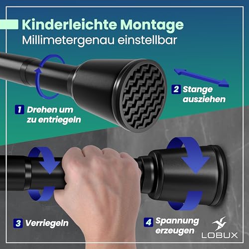 Gardinenstange ohne bohren [schwarz, 210-300cm] – Ø 32mm – Teleskopstange Vorhang ausziehbar – Duschstange ohne bohren – Vorhangstange, Duschvorhangstange, Kleiderstange, Klemmstange Katzennetz