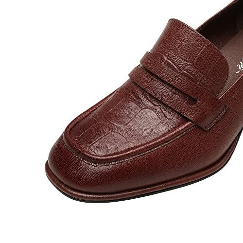 TinaCus Women's Genuine Leather Handmade Printed Square Toe Mid Chunky Heel Slip On Loafers Pumps Shoes3