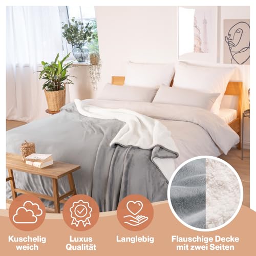 Blumtal Premium Sherpa Kuscheldecke flauschig 150x200 cm - Oeko-Tex zert. Sofa Decke mit Dicker Sherpa-Innenseite - super Flauschige Decke extra dick und wärmend - Wohn- & Kuscheldecken - Grau
