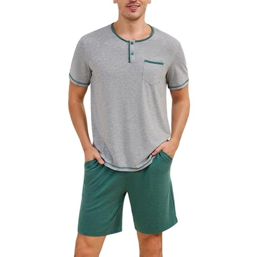 Marvmys Mens Pajama Sets Cotton Pajamas Short Sleeve Henley Pjs Summer Sleepwear Soft Sleep Set with Pockets S-3XL
