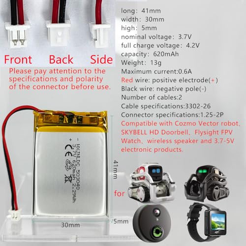 3.7V 503040 Battery 620mAh for cozmo Vector robot Battery replacement,SkyBell HD WiFi Video Doorbell Flysight FPV wireless speaker battery replacement