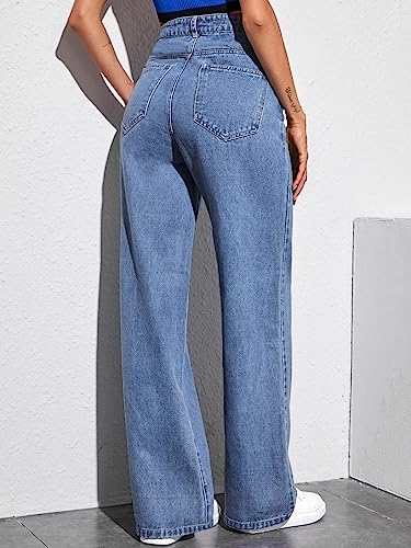 dockstreet High Waist, Wide Leg, Baggy fit, Korean Style Jeans for Women with Buttoned closure4-08RavWidlegRizJNSLightBlue 28||Jeans||
