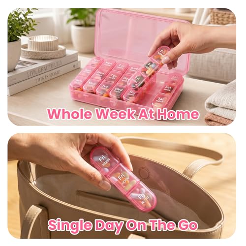 Image of Pill Organizer 3X a Day, Medicine Pill Organizer 7 Day, Weekly Pill Case with 21 Compartments for Medicine, Vitamin and Supplement - Full Pink