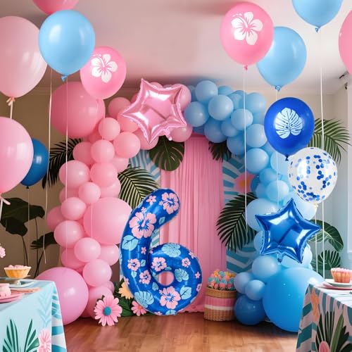 Minyu Tropical Floral Number large Balloon - 10-pack, includes hibiscus and palm leaves, pink and blue star foil, and sequined balloons, perfect for birthday party decorations. (Number 6) by Minyu - Used condition - Image 3
