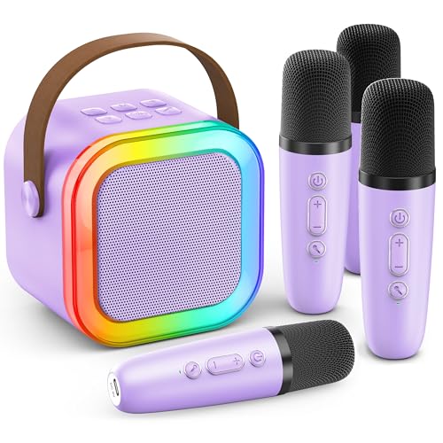 Portable Karaoke Speaker with 4 Wireless Mic，Birthday Gift（Purple）
