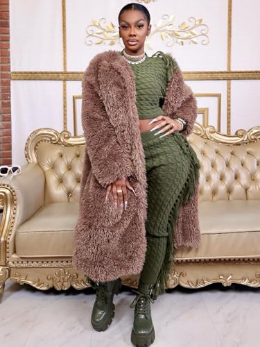 Image of Angsuttc Sweater Sets for Women Knitted Tassels 2 Piece Outfits Solid Long Sleeve Cropped Sweaters and Pants Set