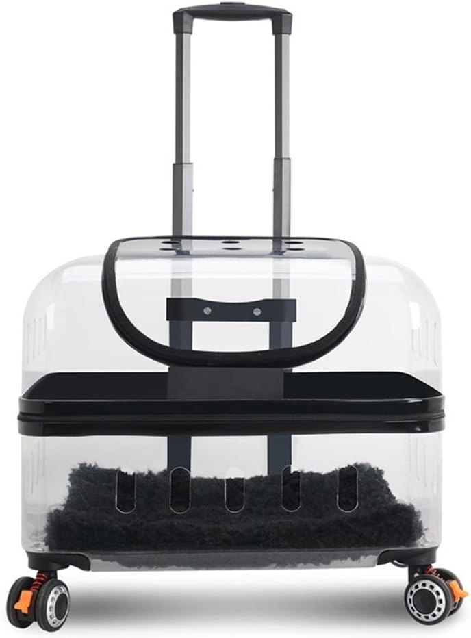 Pet Carrier with Pull Rod, Dual-Purpose Pet Trolley, Pet Carrying Case with Clear Window, Plastic Large Hard Cat Carrier for Large Cats(Black)