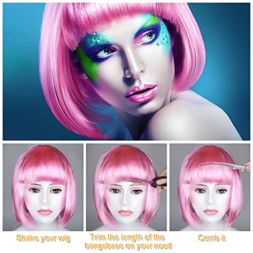 Image of PLULON Pink Short Bob Wig and Sunglass Set, Neon Short Bob Wig Sunglass Pack Costume Colorful Cosplay Wig Hairpieces for Bachelorette Neon Party Favors, Halloween Decorations