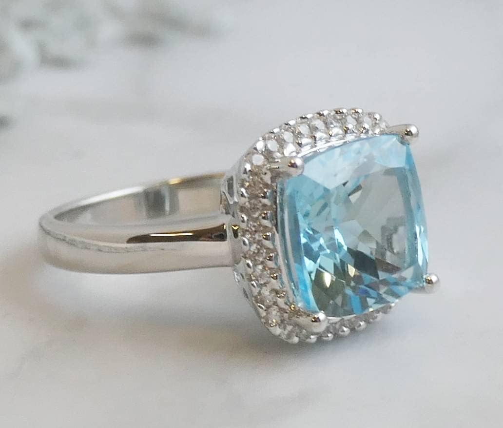 Blue Topaz Cushion Cut and Natural Zircon Sterling Silver Ring - Handmade Gemstone Jewelry Gift Ideas for Women