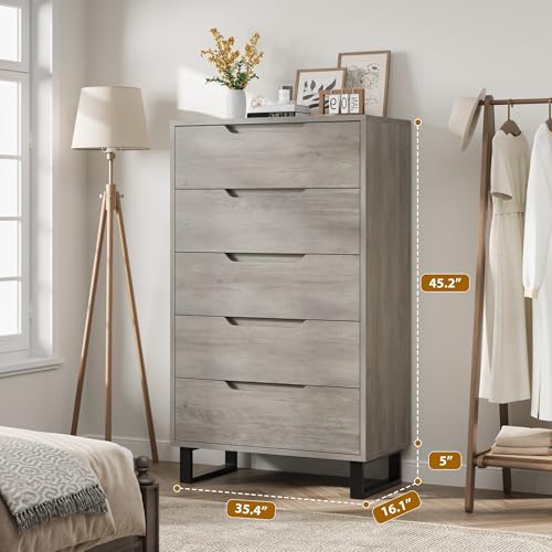 GarveeHome 5 Dresser for Bedroom, 50" Tall Dresser, Freestanding Vertical Drawer with Storage, Wooden Closet Chest Storage for Living Room, Hallway, Entryway, Ash Grey