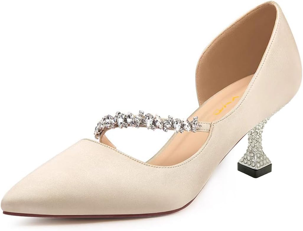 XYD Women D'Orsay Crystal Bridal Wedding Pumps Satin Kitten Low Heels Closed Pointed Toe Slip On Dress Evening Shoes