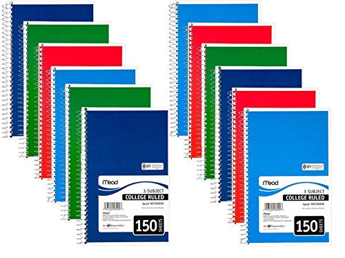 Mead Products, Spiral Bound Notebook, College Rule, 6 X 9-1/2, White, 3 Subject 150 Sheets/Pad #TOP23