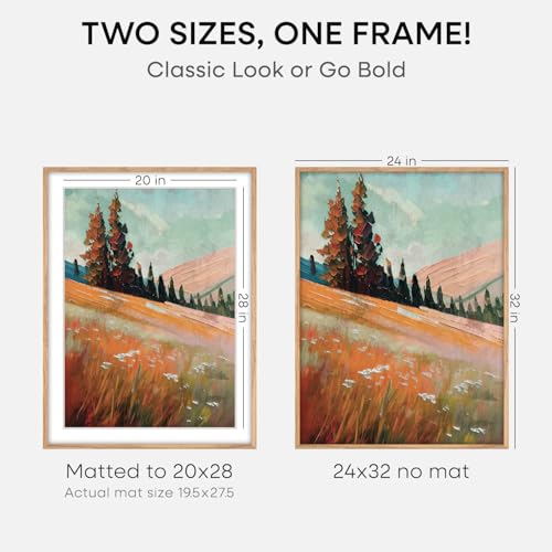 Image of Homeforia 32x24 Poster Frame Wood, High End Natural Oak 24x32 Large Picture Frame with Mat 20x28, 24 x 32 Light Wooden Frame Matted to 20 by 28 Photo, 24by32 Frames, Tempered Glass, Wall Kit, Set of 1