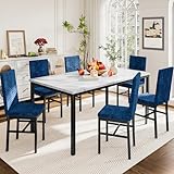 Recaceik Dining Table Set for 6, Faux Marble 7 Piece Dining Table Set with Chairs, Kitchen Table Set with Velvet Dining Chairs for Small Space & Breakfast Nook, Blue