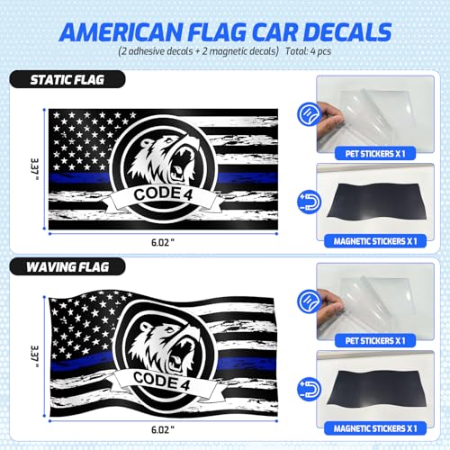 OYIXIO 【2 Stickers + 2 Magnets】 Code 4 Police Blue Line Flag Decal, Extra Large Size 7.08”x3.93”, Thin Blue Line USA Support Sticker & Magnetic Car Magnet Set for Auto Bumper Window — view 2