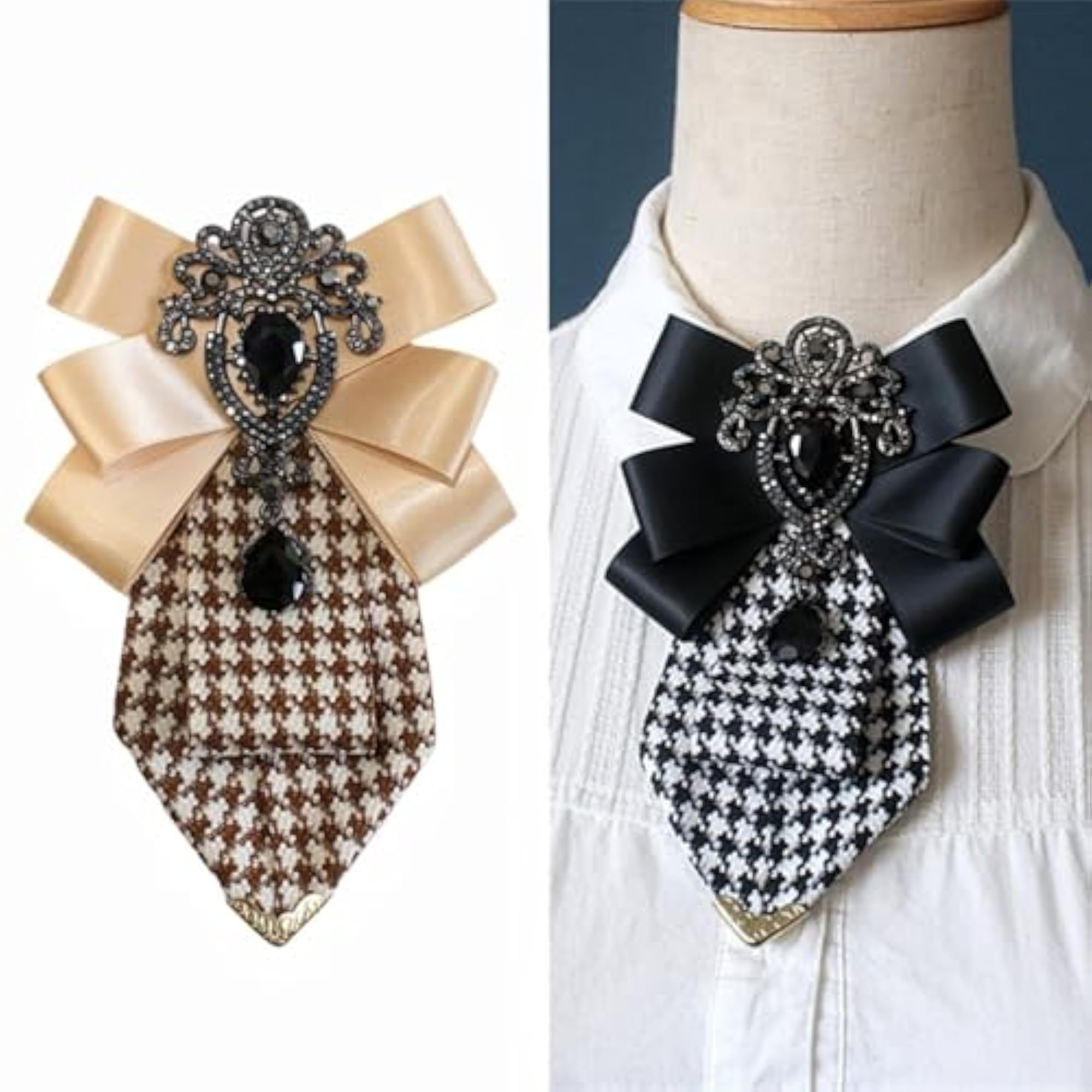Houndstooth Bow Tie Brooch, 2-in-1 Pre-Tied Design