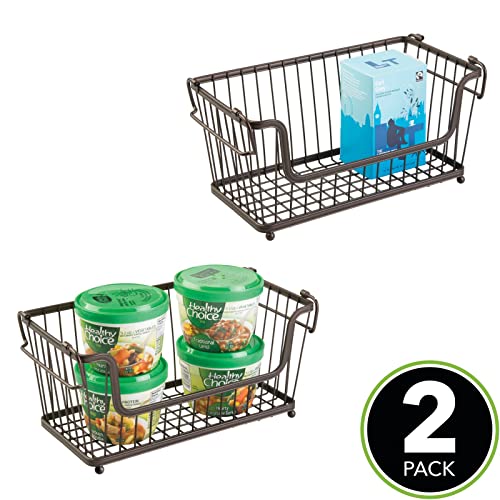 Mdesign Modern Farmhouse Metal Wire Household Stackable Storage Organizer Bin Basket With Handles, For Kitchen Cabinets, Pantry, Closets, Bathrooms - 12.4" Wide, 2 Pack - Bronze #TOP1