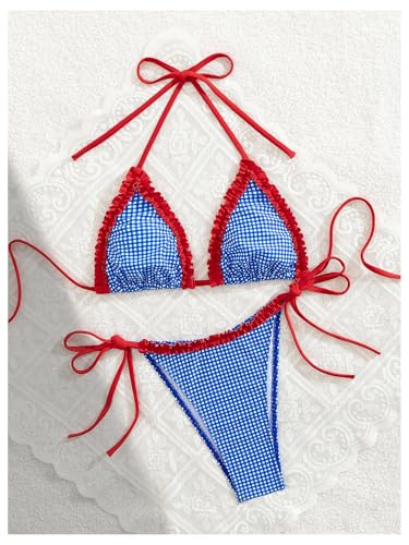 SOLY HUX Women's Plaid Gingham Bikini Set Frill Halter Triangle Tie Side Swimsuit Two Piece Bathing Suit4