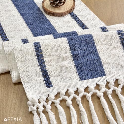 Image of FEXIA Boho Table Runner with Tassels for Fall Home Decor 12x72 Blue Decor