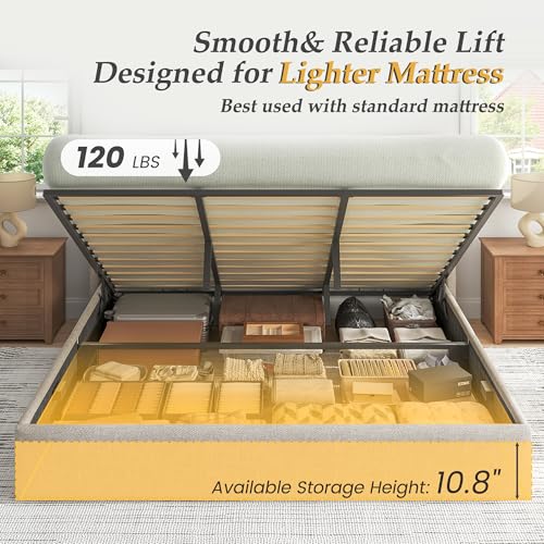 Lifezone King Size Lift Up Storage Bed Frame, Linen Upholstered King Platform with Button Tufted Wingback Headboard and Under-Bed Storage, Hydraulic Support, No Box Spring Needed, Noise Free, Beige