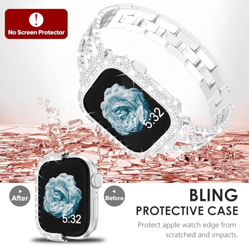 Suraceメタルケース Apple Watch Series 11 Series 10 46mm対応 フルブリング クリスタルダイヤモンド メタルフェイスカバー 保護ケース バンパー iWatch Series 10 Series 11 46mm用 シルバー