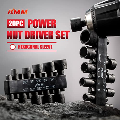 AMM 20pcs Power Nut Driver Set for Impact Drill, 1/4” Hex Head Drill Bit Set SAE and Metric,The best tool acces6sories