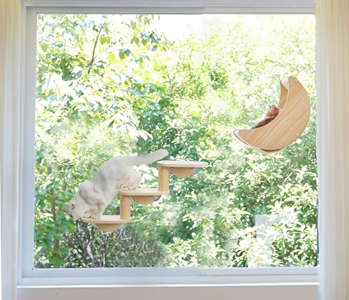 Image of HAPYKITYS Cat Window Perch, Plywood Moon Bed with 4 Heavy-Duty Suction Cups