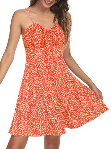 Image of Missufe Spaghetti Strap Floral Mini Dress Women's Casual Ruched Front Drawstring Swing Sundress