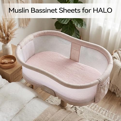 Image of Muslin Bassinet Sheet Compatible with Halo BassiNest Swivel Sleeper - 100% Cotton Hourglass & Peanut Shape Mattress Pad Cover (30 inchx18 inch), Breathable & Soft, Boho (1 Pack Pink)