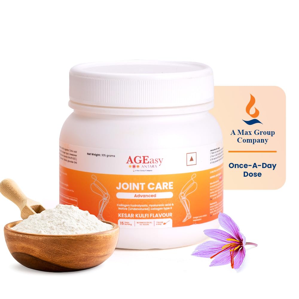 AGEasy (Max Group) Advanced Joint Care Support with building blocks & Nourishment of Cartilage, Reduces Stiffness, pain |Collagen Type II, Hydrosylate, Hyaluronic acid- (Once A Day Dose, Kesar Kulfi)