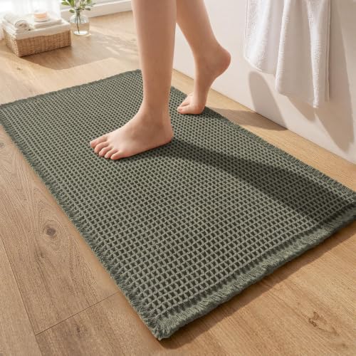 MIULEE Waffle Bathroom Rugs Boho Large Bath Mat 24"x36" Green
