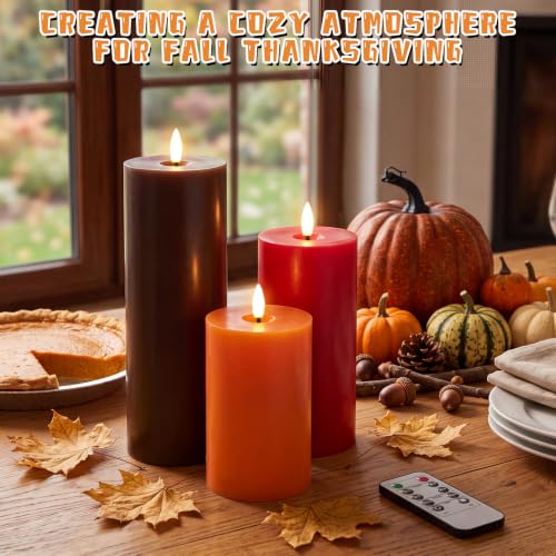 Image of Retisee 3 Pcs Fall 6 /8 /12 Inches Flameless LED Candles with Remote and 2 /4 /8h Timer Red Orange Brown Battery Operated Wax Flickering Candles for Autumn Thanksgiving Harvest Party Desktop Home Decor