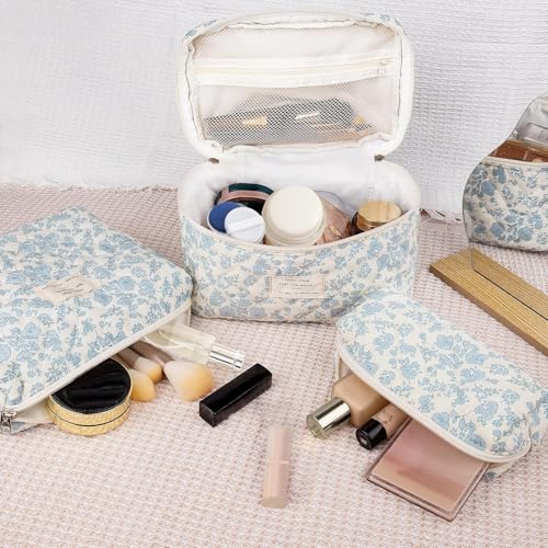 Image of Lyrovo Makeup Organizer Cosmetic Bag Quilted Large Floral Make Up Organize Set for Women Flower Travel Toiletry Bag (Green-White)