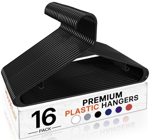 HOUSE DAY Black Plastic Hangers 16 Pack, Space Saving Coat