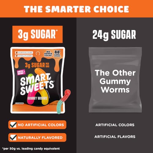 Image of SmartSweets Sweet Halloween Gummy Worms Low Sugar Gummy Candy, Healthy Snacks for Kids and Adults, Treat, 50g bags, Pack of 14