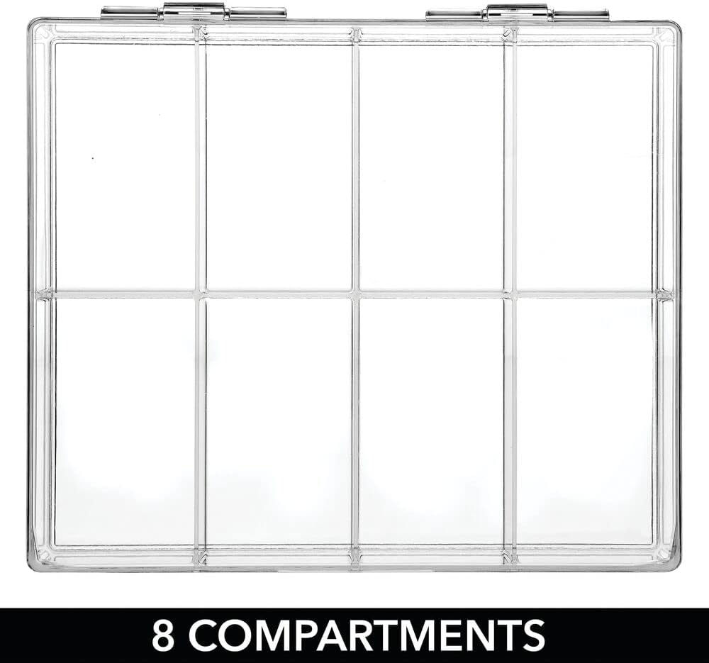 mDesign Craft & Sewing Storage Cosmetic Organizer Box with Hinged Lid for Craft, Sewing, Art Supplies - Holds Paint Brushes, Colored Pencils, Stickers, Glue, Yarn - 8 Divided Sections - Clear