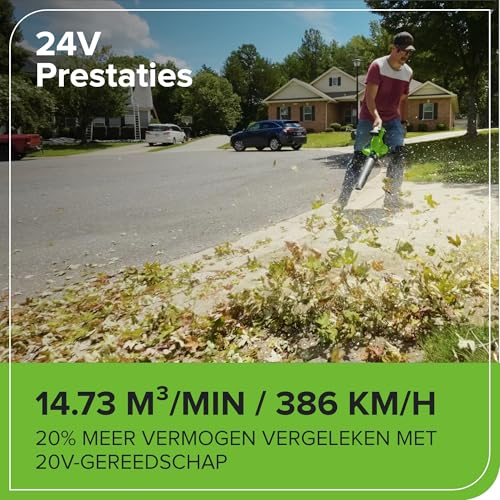 Greenworks 48V(24V x 2) Akku Laubsauger - Laubbläser mit Schultergurt, bürstenloser Motor, 386 km/h, 14.73 m³/min, 45L Fangsack, Zwei 4Ah Batterien und Ladegerät, 3 Jahre Optimal BL48L421-01