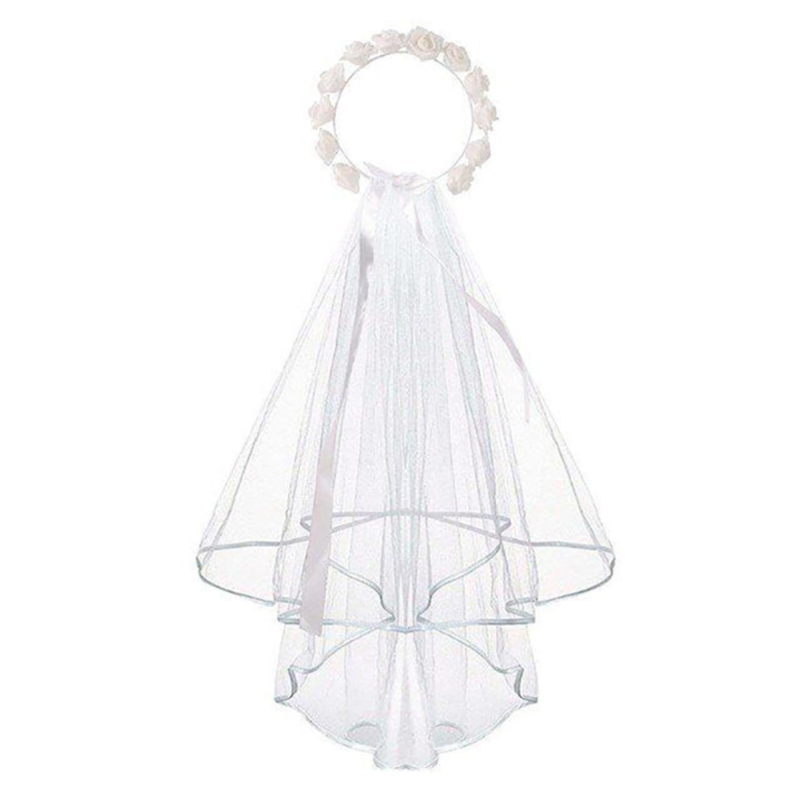 YOUNAFEN Elegant Floral Bridal Headband with Veil Bridal Crown Veil Bridal Veil for Hen Party Bridal Shower Gift 80cm White