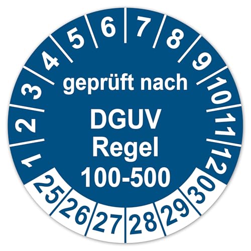 LabelTec Prüfplaketten geprüft nach DGUV Vorschrift 100-500 ⌀30mm Prüfaufkleber 2025-2030 Aufkleber Prüfetiketten Vinyl Plaketten Folie selbstklebend wasserfest LTA009 (100, Blau)