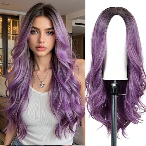 Esmee Sintetico Parrucca Ombre Viola Lungo Ondulato Capelli Parrucca le Donne Resistente al Calore Fibra Cosplay Quotidiano Partito Parrucche 24 Pollic