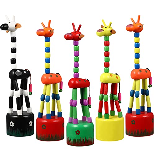 Wooden Cute Colorful Giraffe Push Puppets, Dancing Rocking Giraffe, Finger Puppets Wooden Push Up Toys, for Animal Party Favors and Home Kids Room Decoration 5 Pieces (Random Style)